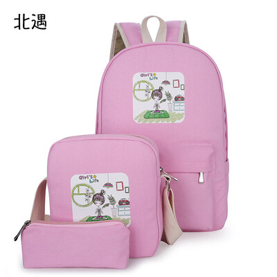 

School bag female Korean version of the small fresh canvas bag junior high school students bag mens backpack three-piece backpack
