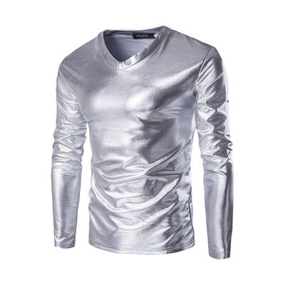 

Casual Personalized Glossy V Neck Long Sleeve Mens T-Shirt Male Costume Tee Tops