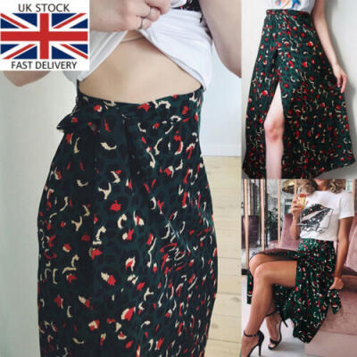 

UK Women Leopard Print Split Mid-Calf Skirt Summer Beach Party Wrap Midi Dresses