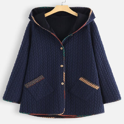 

Solid Argyle Pattern Dual Pockets Cable Hooded Buttons Coat
