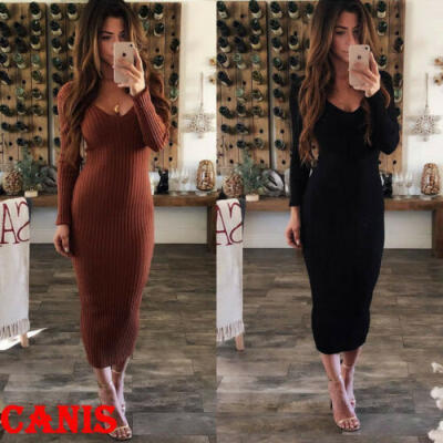 

New Fashion Womens Winter Knitted Sweater Bodycon V Neck Long Pencil Party Dress