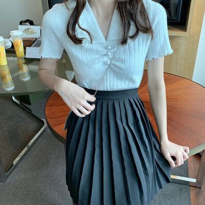 

Wooden ear versatile Slim doll collar female T-shirt beads decorative comfort wild shirt