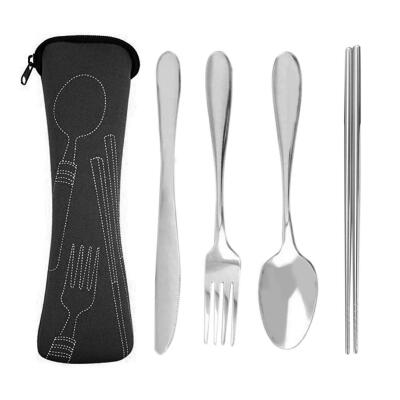 

4pcs Stainless Steel Cutlery Set Knife Fork Spoon Chopsticks with Cloth Bag