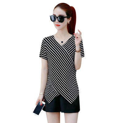 

Striped T Shirt Women Summer V-Neck Short Sleeve Irregular Slim Cotton Tee