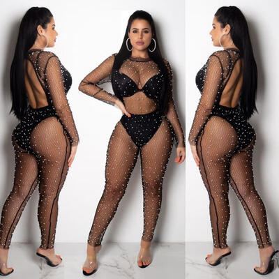 

Elegant Women Backless Rhinestone Bodysuit Slim Mesh Slim Jumpsuit Rompers