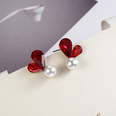 

New Womens Fashion Stud Earrings Crystal RedBlack Cute With Imitation Pearl Sweet Metal Ear Stud Earrings For Girls