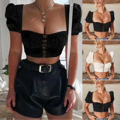 

Womens Sexy Crop Tops Short Sleeve Slim Fit Casual Ruffled Solid T-Shirt Blouse