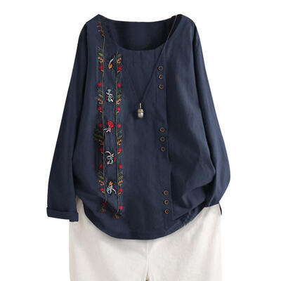 

Women Embroidery Floral Long-Sleeves Cotton T-Shirt Round Neck Loose Tops