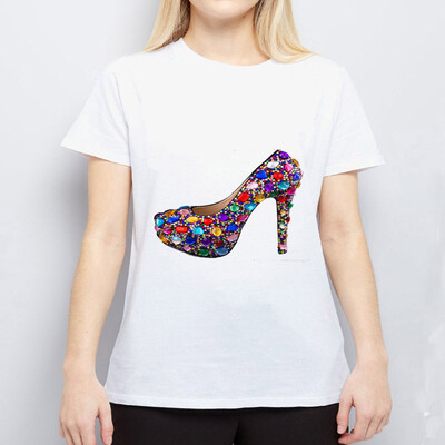 

Nomeni Women Personality High Heel Cartoon Print Round Neck Short Sleeved White T-shirt