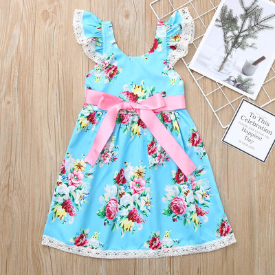 

Childrens Kids Girls Fly Sleeve Flower Print Dance Party Princess Dress