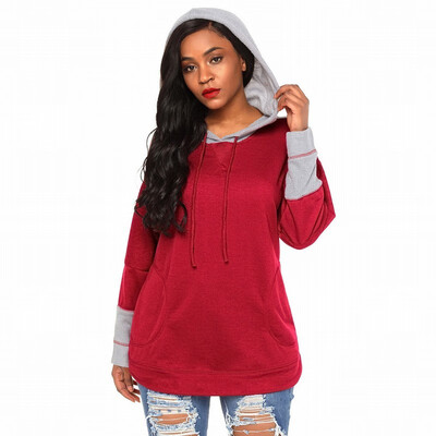 

Long sleeved pocket long knit casual hooded sweatshirt womens