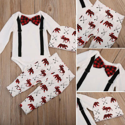 

US Newborn Baby Boy Gentleman Long Sleeve Tie RomperDeer Pants Christmas Outfit