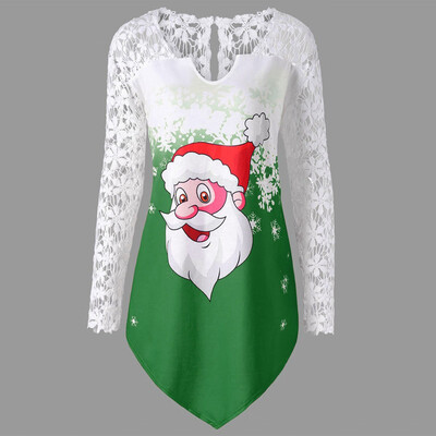 

Gobestart Fashion Women Casual Merry Christmas Print Blousel Lace Patchwork T-shirt Tops