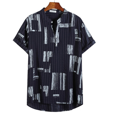 

Toponeto Mens Cotton Linen Printed Stand Collar Short Sleeve Loose Henley Shirts