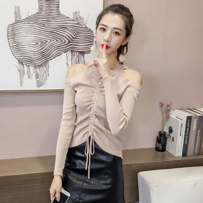 

Womens Clothing halter off shoulder Drawstring Lace Up Pleated long sleeve new solid spring Fashion Knitting thin women sweater