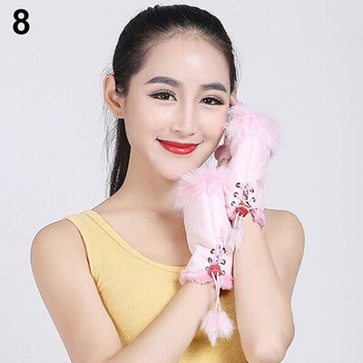 

Womens Winter Faux Rabbit Fur Faux Leather Fingerless Mittens Wrist Gloves