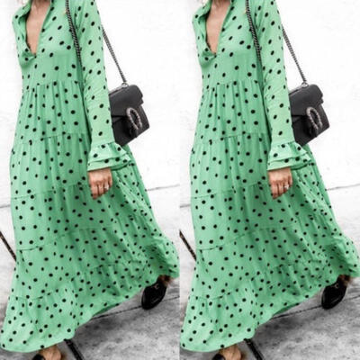 

Womens Long Sleeve V Plunge Evening Party Loose Maxi Casual Polka Dot Dress