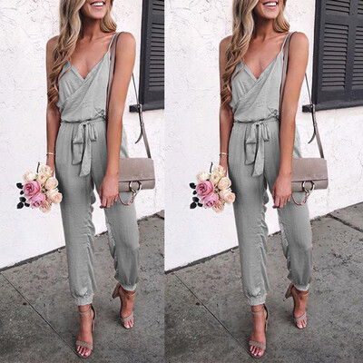 

Starmoon Fashion Women Solid V-Neck Strapless Bandage Ruffled Sleeveless Long Jumpsuits