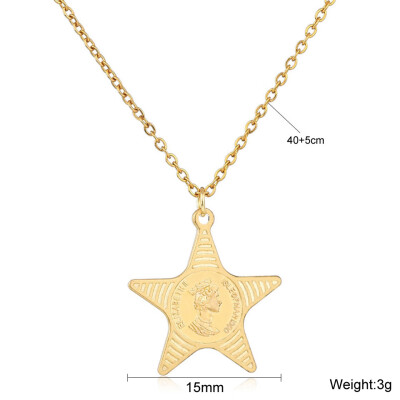 

New 12 Type Gold Metal Geometric Round Five-star Badge Pendant&Necklaces For Women Charm King Queen Portrait Dangles Necklace