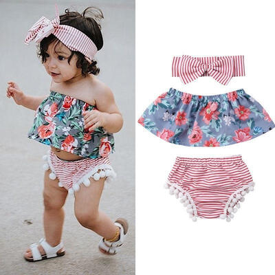 

Newborn Baby Gils Off Shoulder Tops Stripe ShortsHeadband Outfits Set 3pcs