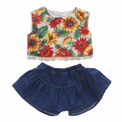 

1282 Girls Cotton Sunflower Printed Lace Vest Solid Color Loose Shorts