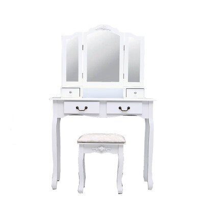 

Tri Folding Mirror Set Makeup Table Wood Vanity Dresser 4 Drawers & Stool Jewelry Desk