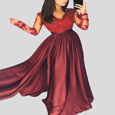 

V-neck Solid Slit Full-length Guipure Lace Splice Overlay Evening Dress