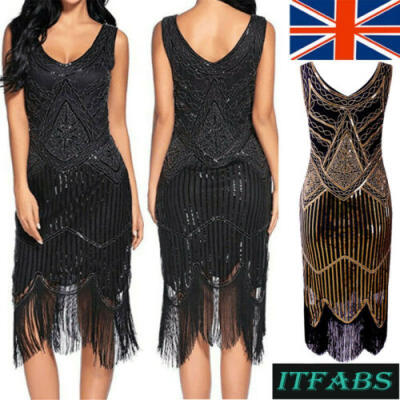 

UK Womens 1920s V Neck Flapper Dress Beaded Sequin Vintage Gatsby Evening Dress