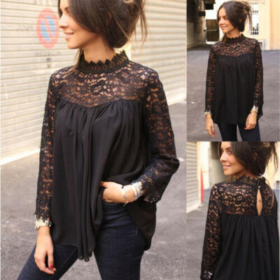 

Ladies Women Lace Patchwork Office Top Blouse High Neck Casual Loose T-Shirt Tee