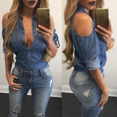 

Women Cold Shoulder Long Sleeve T-Shirt Casual Loose Lapel Denim Top Blouse Plus