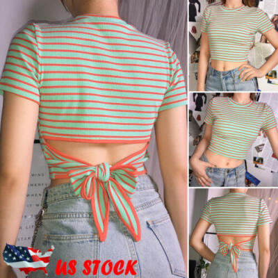 

Womens Summer Bandage T-shirt Crop Top Casual Crew Neck Short Sleeve Tops Blouse