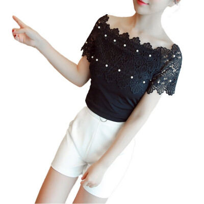 

Summer Strapless Collar Pure Lace Shirt Blouse Women Short Sleeve Loose Korean Style Slash Neck Lace Shirt Top For Lady