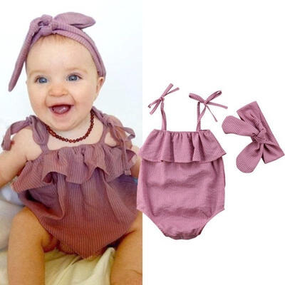 

Newborn Baby Girl Cute Lovely Casual Summer Sleeveless Romper Bodysuit Bow Headband Outfits