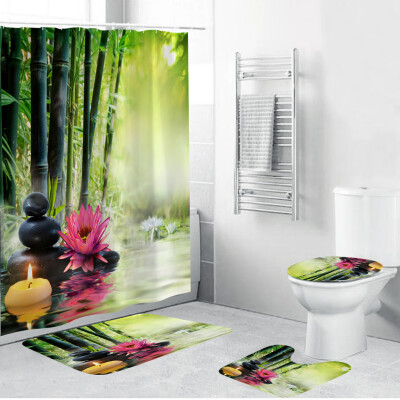 

Gobestart 4PCS Non Slip Toilet Polyester Cover Mat Set Bathroom Shower Curtain