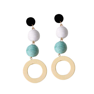 

Earrings Girl Vintage Temperament Linen Hemp Hit Color Ball Ball Wood Circle Wood Earrings
