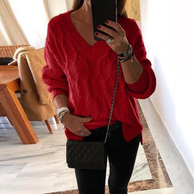 

〖Follure〗Women Casual Pullover V-Neck Solid Color Long Sleeve Loose Sweaters Blouse Tops