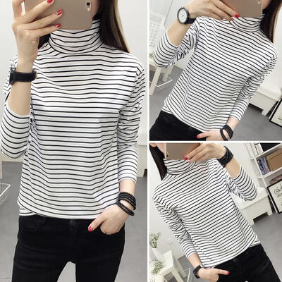 

Women Long Sleeve Stripe High Neck T-shirt Casual Slim Fit Tops Daily Wear