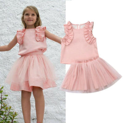 

UK Toddler Kids Baby Girls Flower Tops T-shirt Tulle Skirt Dress Outfit Clothes