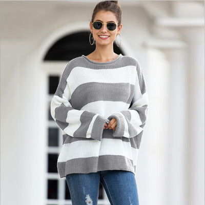 

Women Autumn Stylish Concise All-match Striped Loose Round Collar Long Sleeve Sweet Sweater