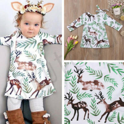 

Cute X-mas Christmas Kid Baby Girl Princess Dress Deer Costume Floral Dresses