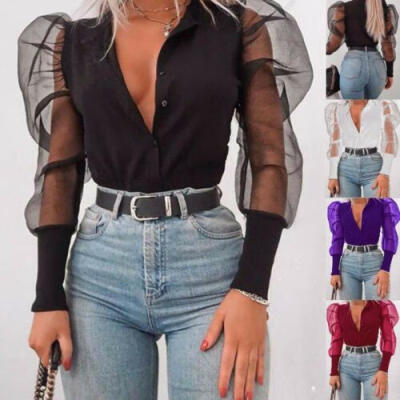 

Women Hollow Sheer Mesh Puff Sleeve Blouse Lace T-Shirts Button Down Tops Shirts