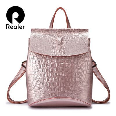 

REALER backpack women split leather school bags for teenage girls travel back pack ladies shoulder bag crocodile prints pink Bag