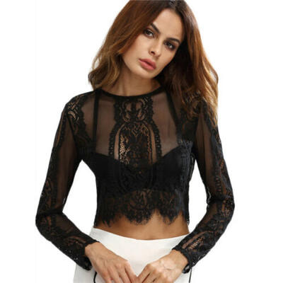 

UK Ladies Slim Lace Flore Shirt Crop Tops Long Sleeve Sexy Blouse Size 6-14