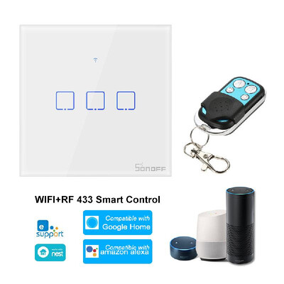 

SONOFF T1EU3C-TX 3 Gang Smart WiFi Wall Light Switch 433Mhz Wireless Control RF Remote Controller APPTouch Control Timer EU Stand