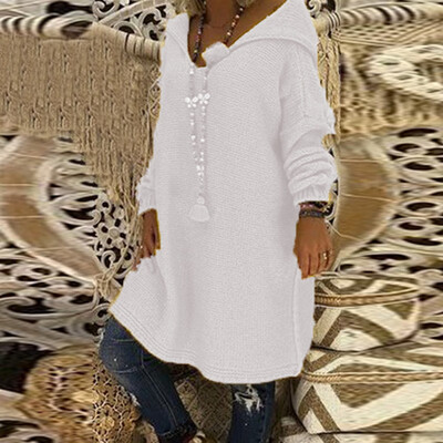 

Womens Casual Knit Pullover Sweater Loose Solid Color Hooded Long Sleeve Tops