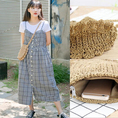 

US Women Girl Hand Woven Rattan Bag Straw Woven Purse Handmade Crossbody HandBag