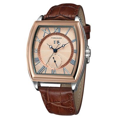 

FORSINING wine barrel watch tourbillon double fake eye band calendar mens watch automatic mechanical belt watch