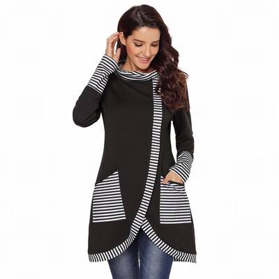 

High-neck long-sleeved asymmetric striped mid-length coat womens sweatshirt