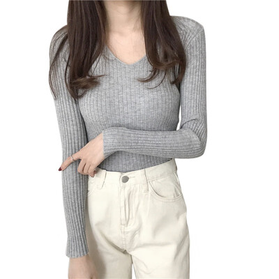 

Slim Autumn Sweater Women Fashion Casual V-Neck Sweaters Solid Color Winter Basic Tops Wild Long Sleeve Sweat Shirts