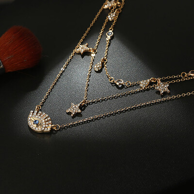 

MAA-OE Multilayer Necklace for Women Long Chain Turkish Eye Pendant Necklaces Trendy Crystal Star Water droplets Necklaces